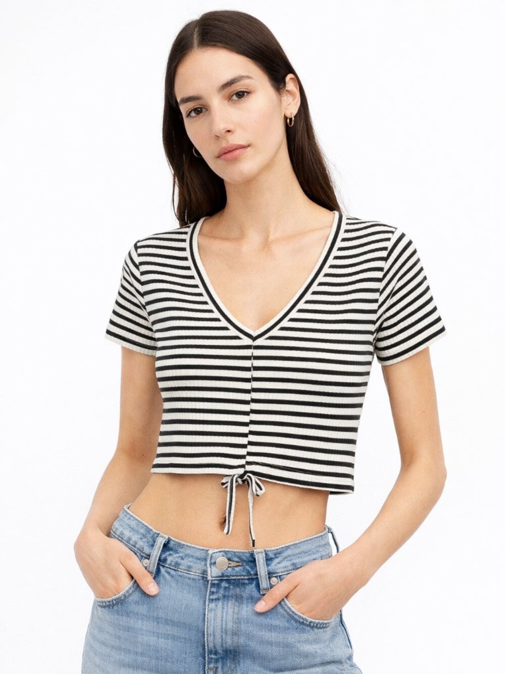 ZARA Striped Crop Top Size M Black White Stretch Ribbed Fitted Short Sleeve